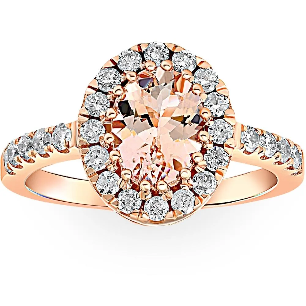 1 1/2 CT Oval Morganite & Diamond Halo Ring 14K Rose Gold