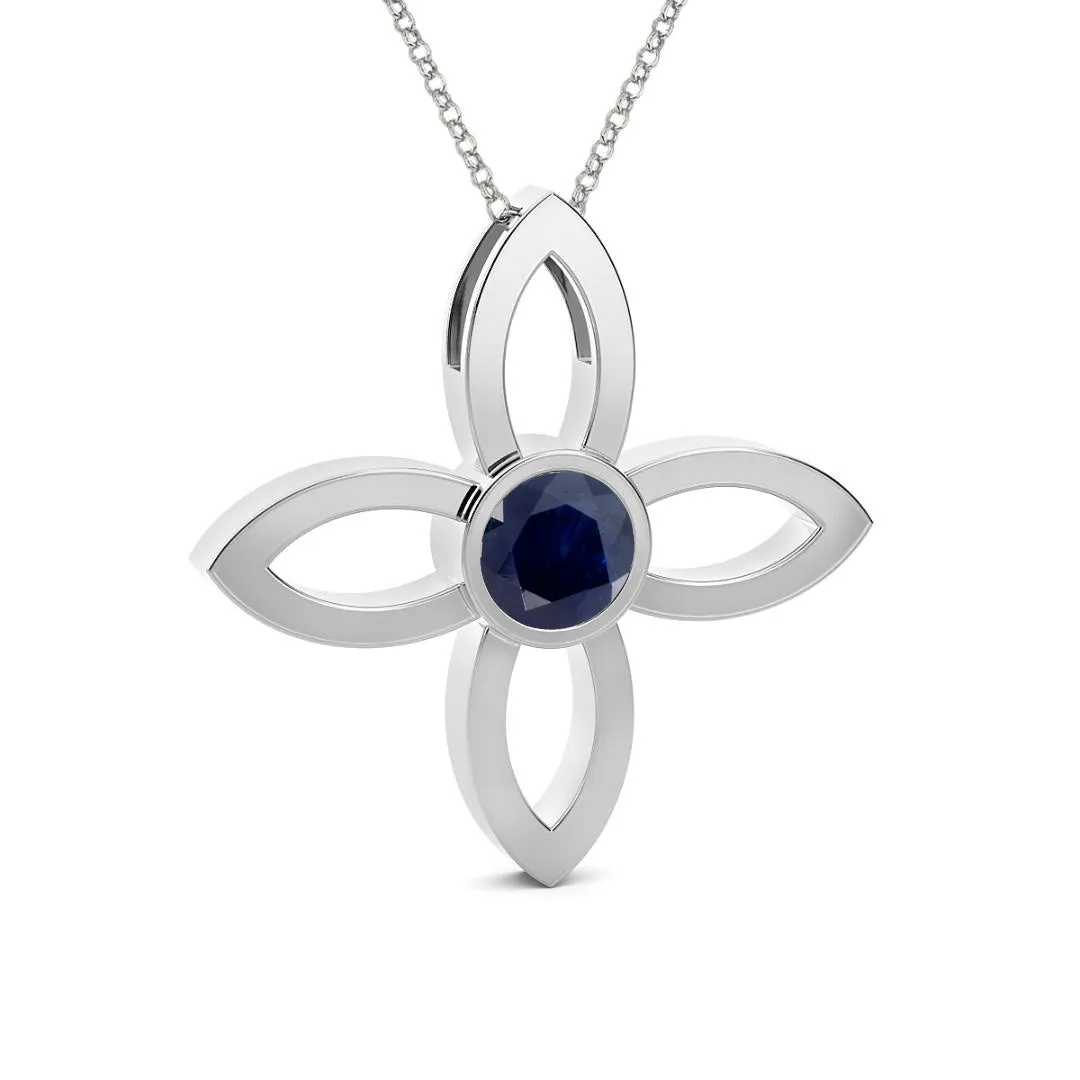 14k White Gold 0.33ct ttw Sapphire Solitaire Flower Necklace