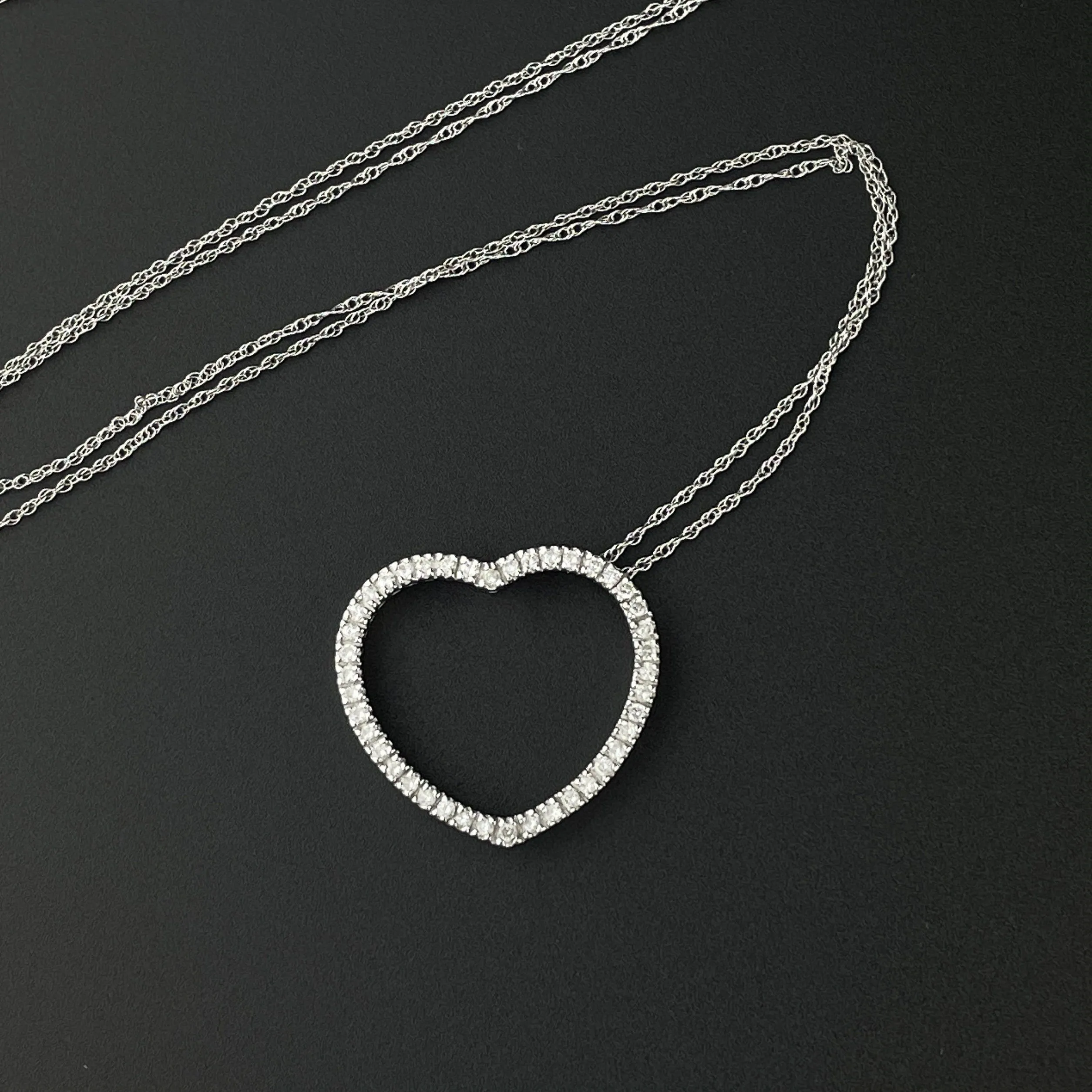 14K White Gold Diamond Open Heart Pendant Necklace