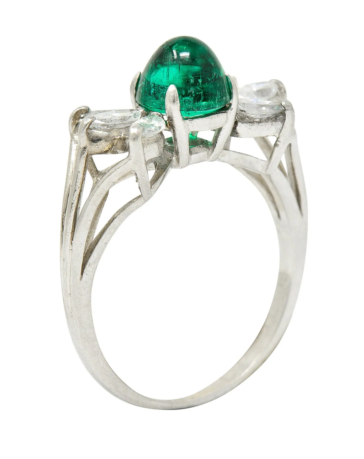 1950's Mid-Century 2.13 CTW Colombian Emerald Diamond Platinum Bow Cluster Ring AGL