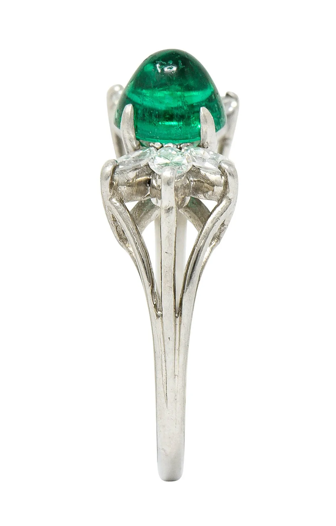 1950's Mid-Century 2.13 CTW Colombian Emerald Diamond Platinum Bow Cluster Ring AGL