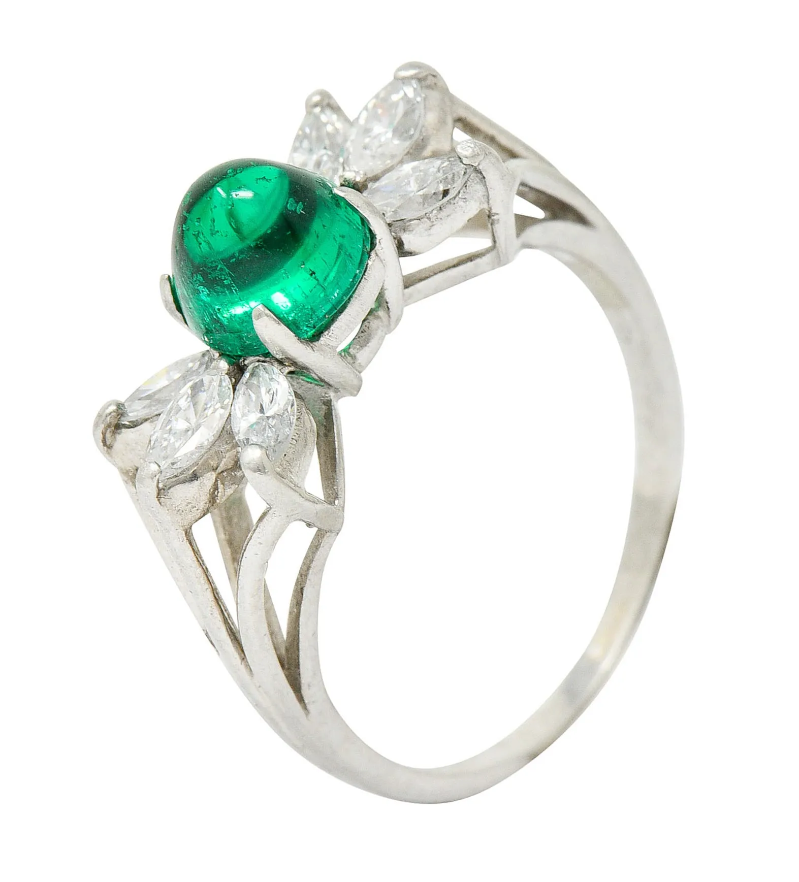 1950's Mid-Century 2.13 CTW Colombian Emerald Diamond Platinum Bow Cluster Ring AGL