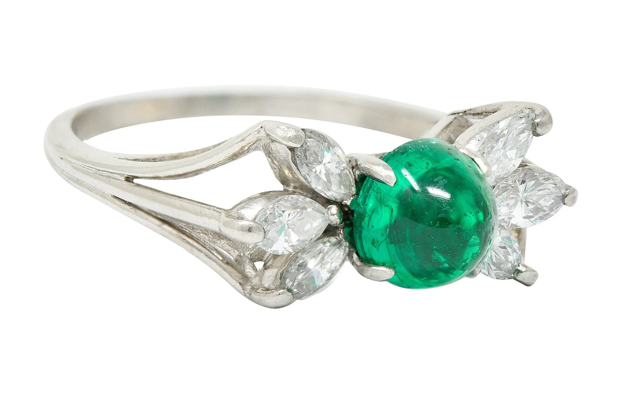 1950's Mid-Century 2.13 CTW Colombian Emerald Diamond Platinum Bow Cluster Ring AGL