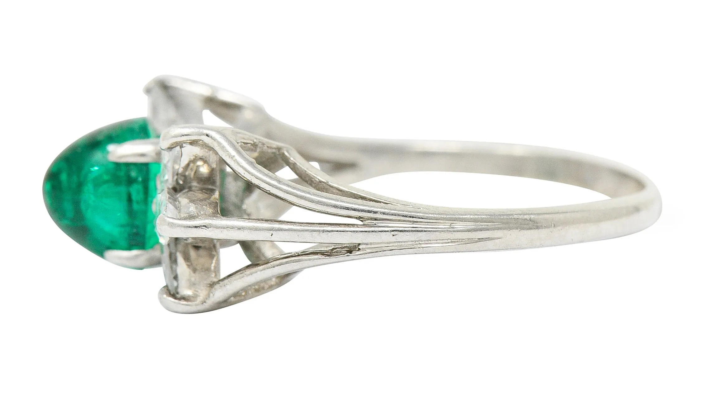 1950's Mid-Century 2.13 CTW Colombian Emerald Diamond Platinum Bow Cluster Ring AGL