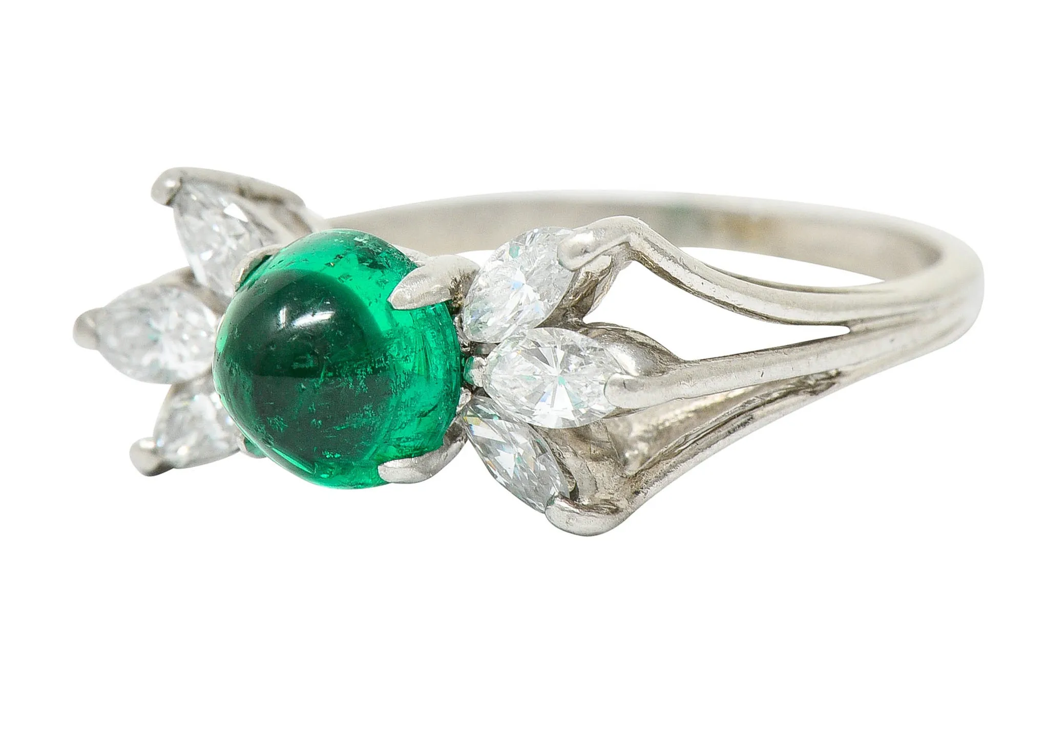 1950's Mid-Century 2.13 CTW Colombian Emerald Diamond Platinum Bow Cluster Ring AGL