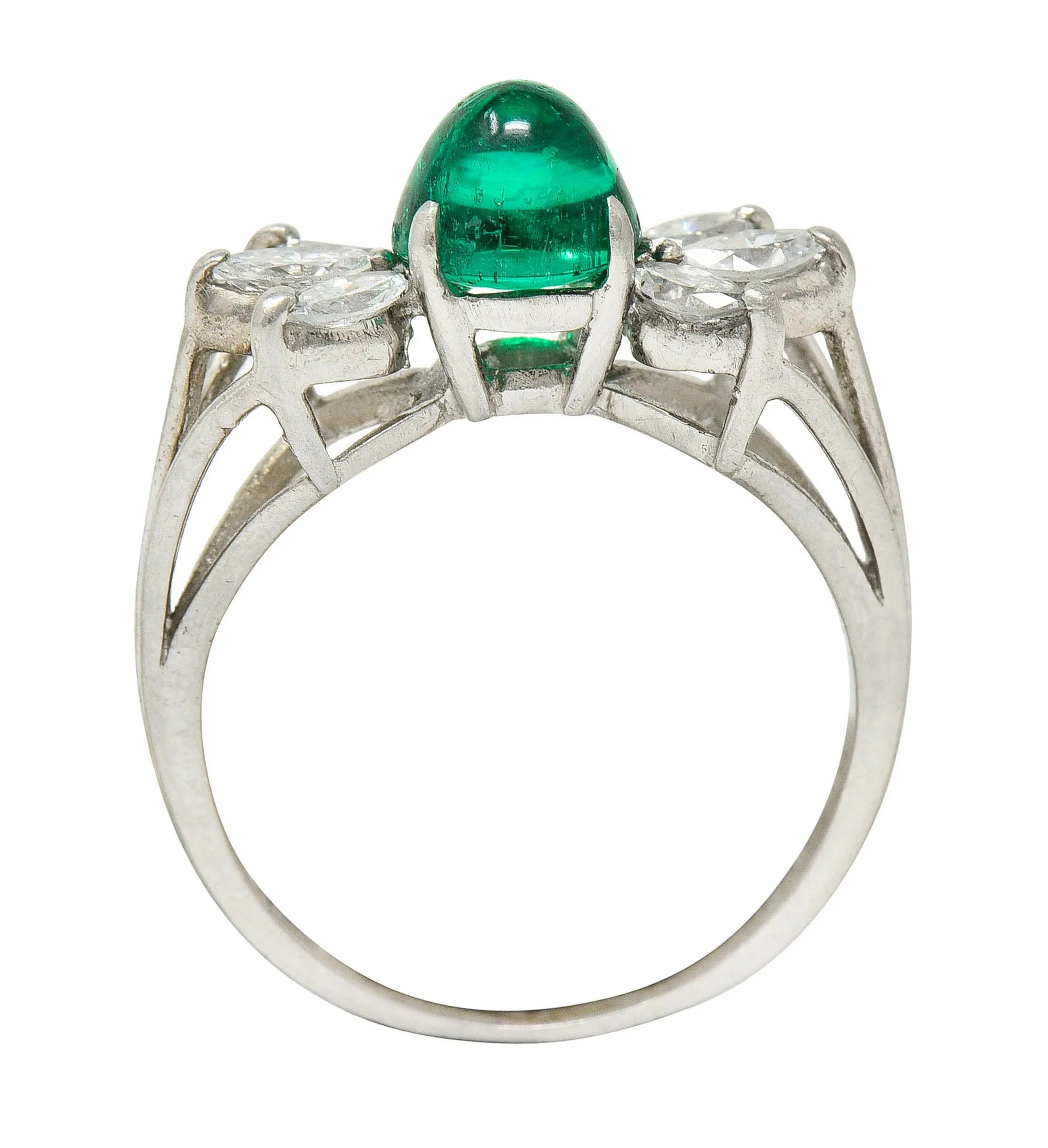 1950's Mid-Century 2.13 CTW Colombian Emerald Diamond Platinum Bow Cluster Ring AGL