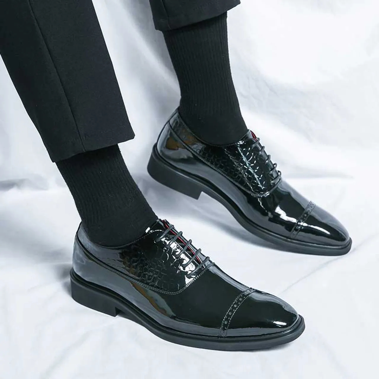 Black brogue croc skin pattern cap oxford dress shoe