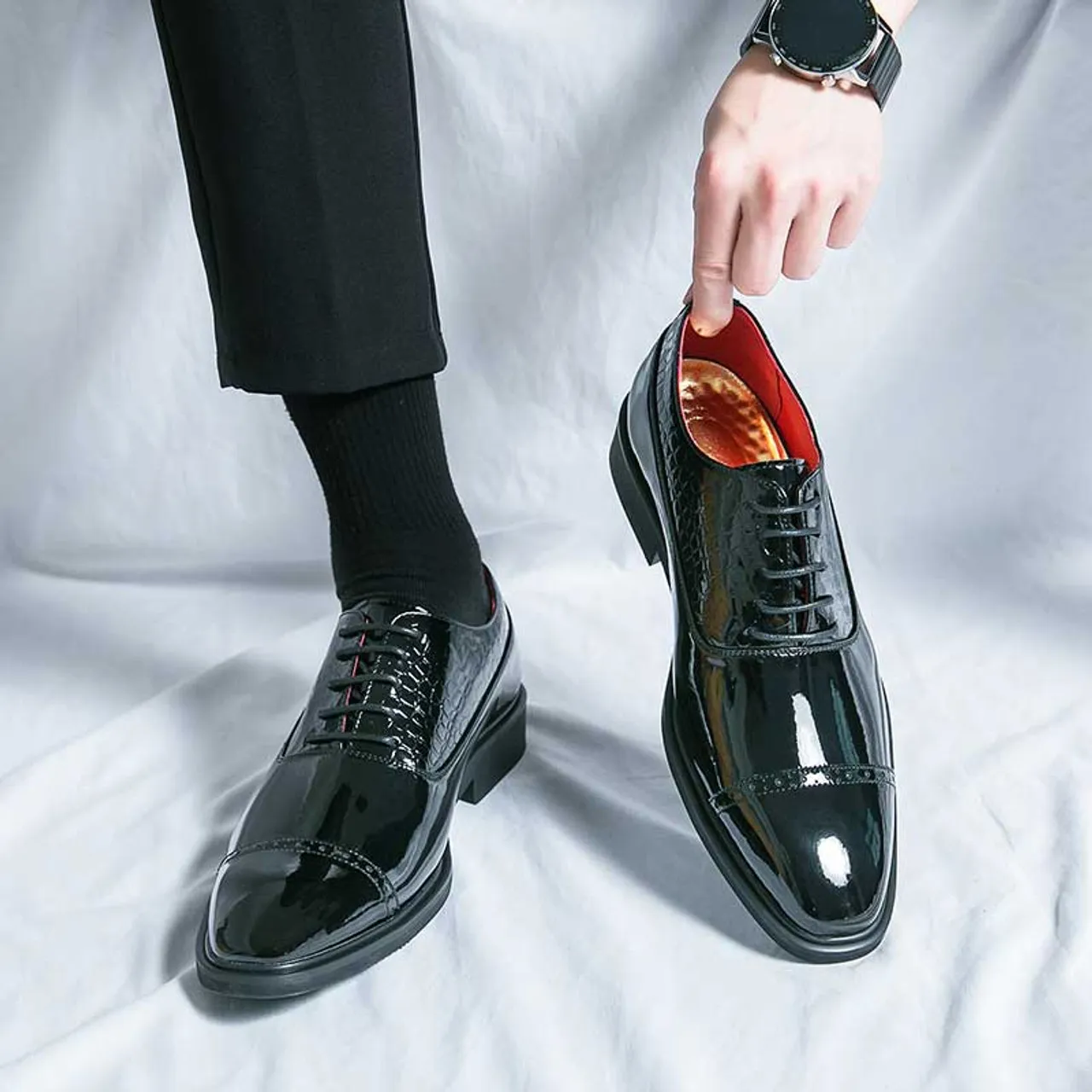 Black brogue croc skin pattern cap oxford dress shoe