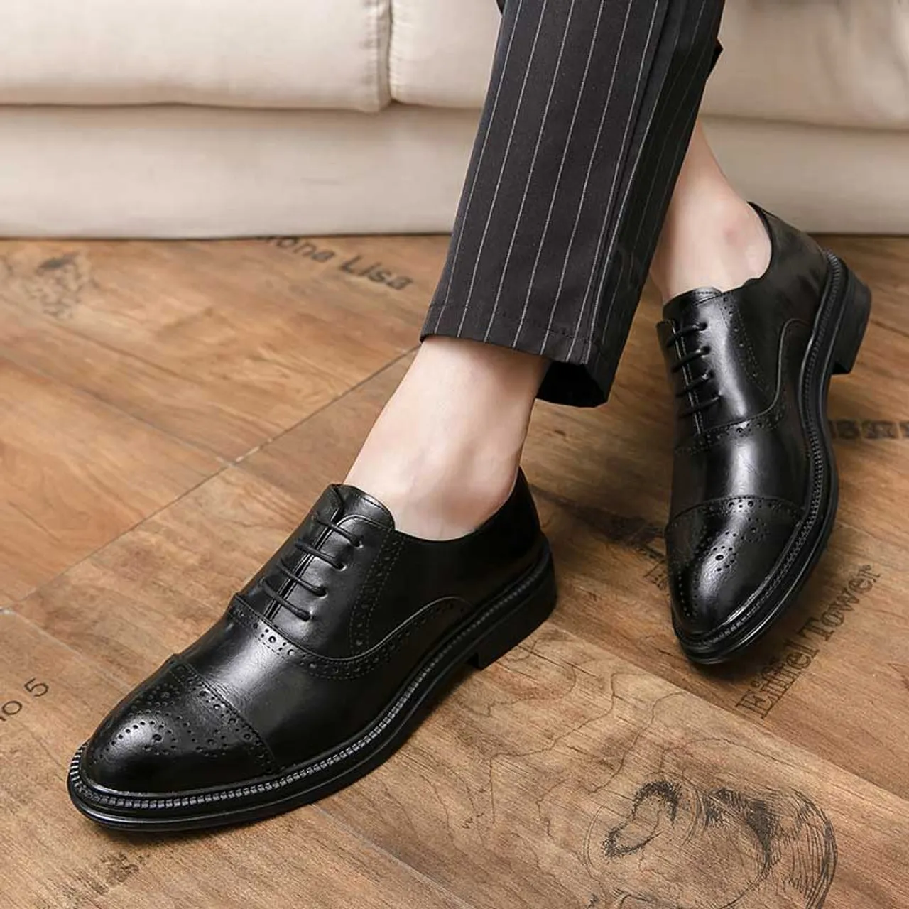 Black cap oxford retro brogue dress shoe