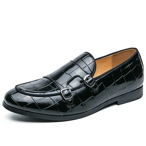 Black croc skin pattern monk strap slip on dress shoe 2696