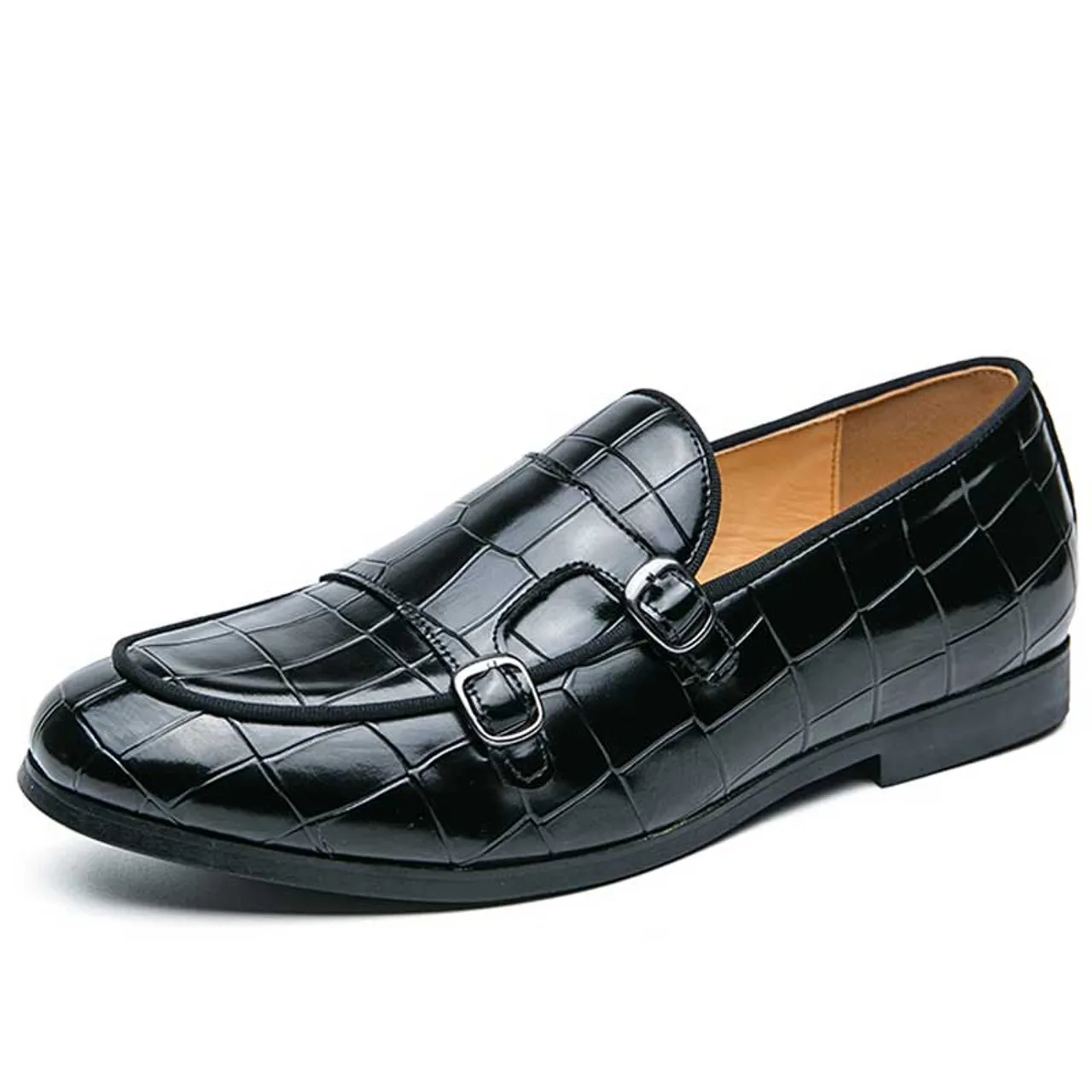 Black croc skin pattern monk strap slip on dress shoe 2696