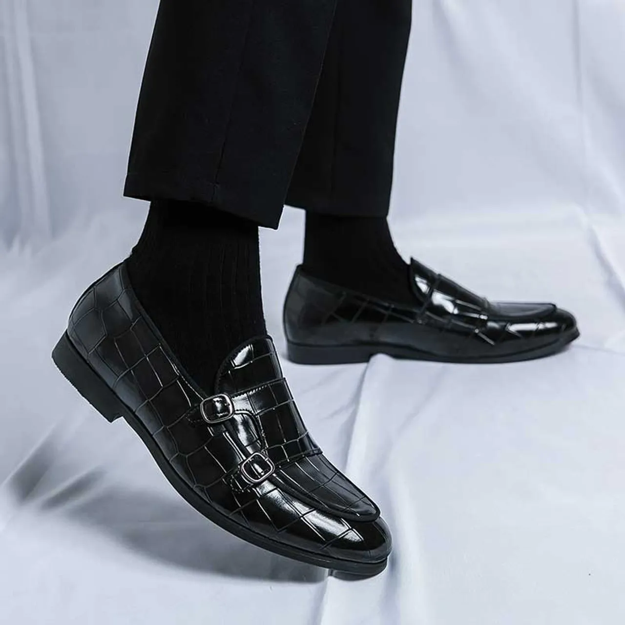 Black croc skin pattern monk strap slip on dress shoe 2696