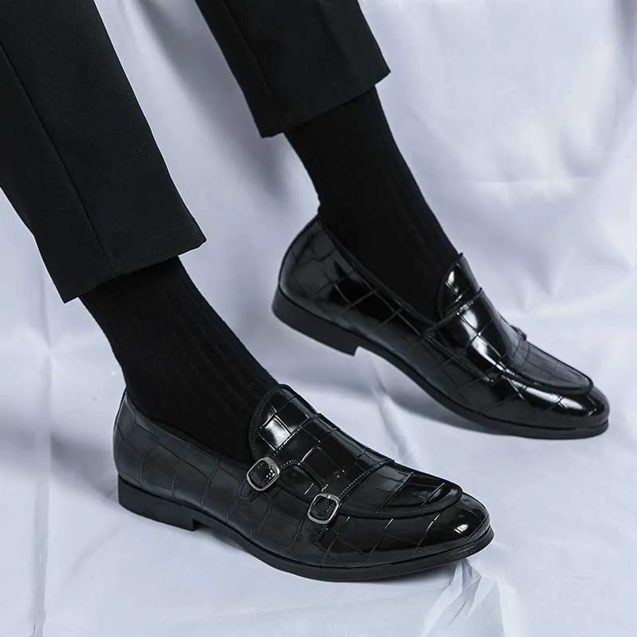 Black croc skin pattern monk strap slip on dress shoe 2696