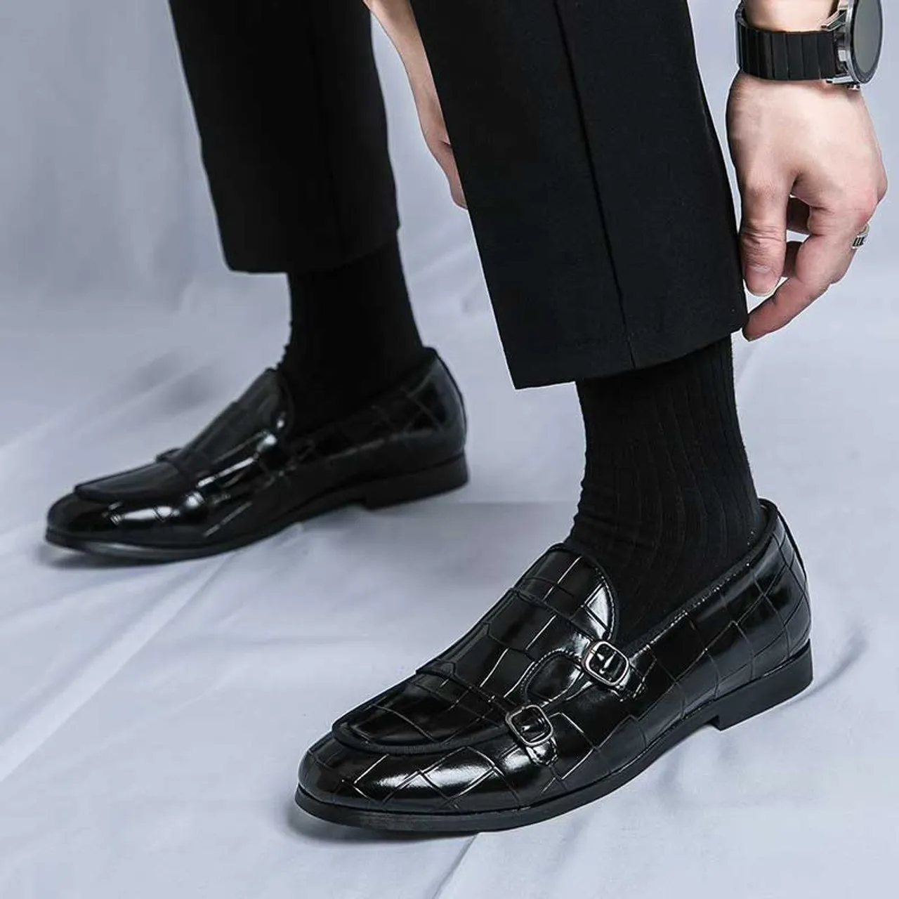 Black croc skin pattern monk strap slip on dress shoe 2696