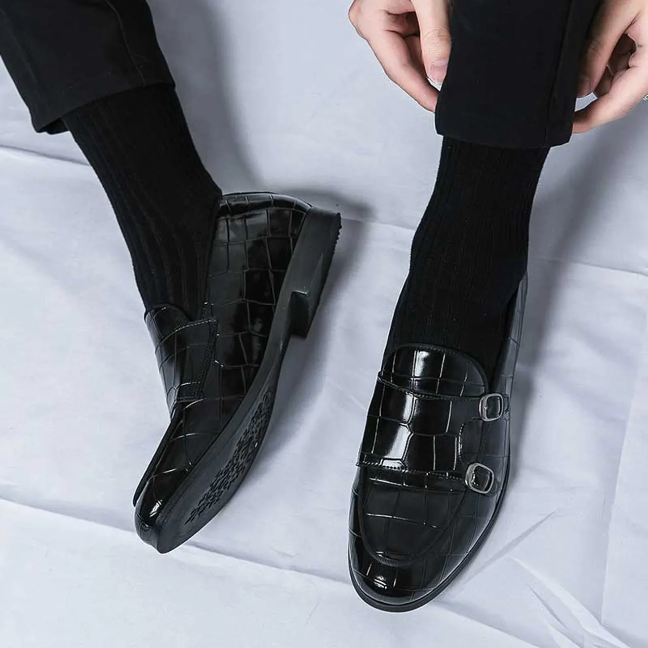 Black croc skin pattern monk strap slip on dress shoe 2696