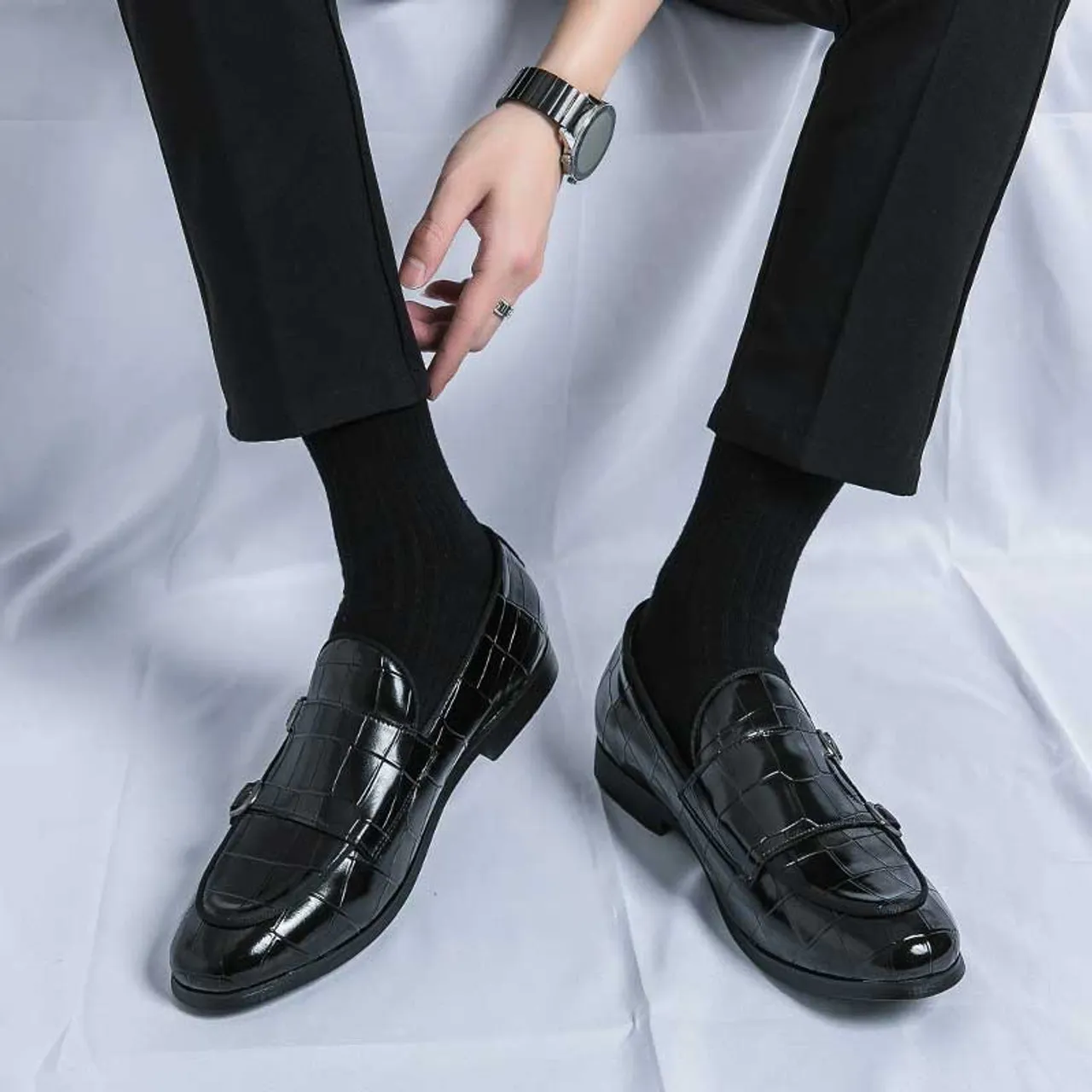 Black croc skin pattern monk strap slip on dress shoe 2696