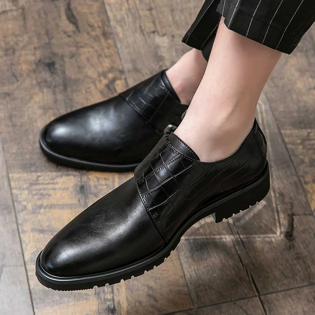 Black monk strap croc skin pattern slip on dress shoe