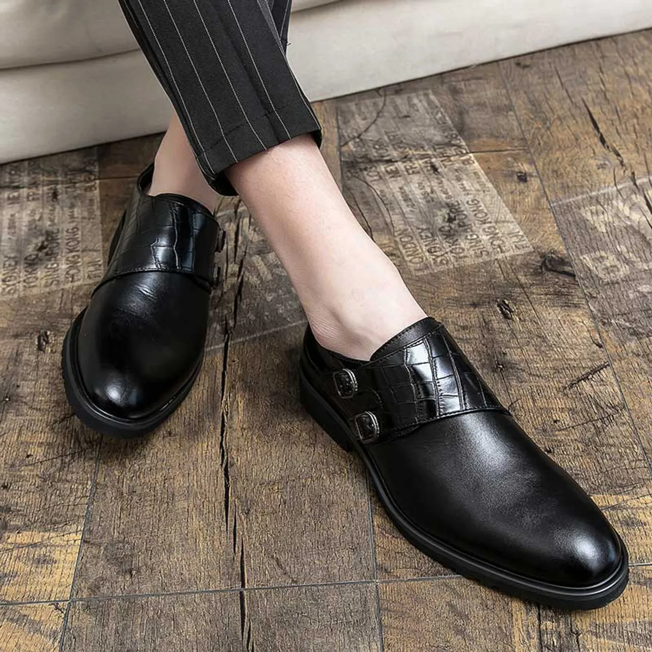 Black monk strap croc skin pattern slip on dress shoe