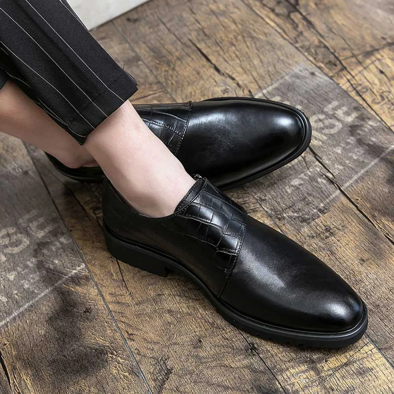 Black monk strap croc skin pattern slip on dress shoe