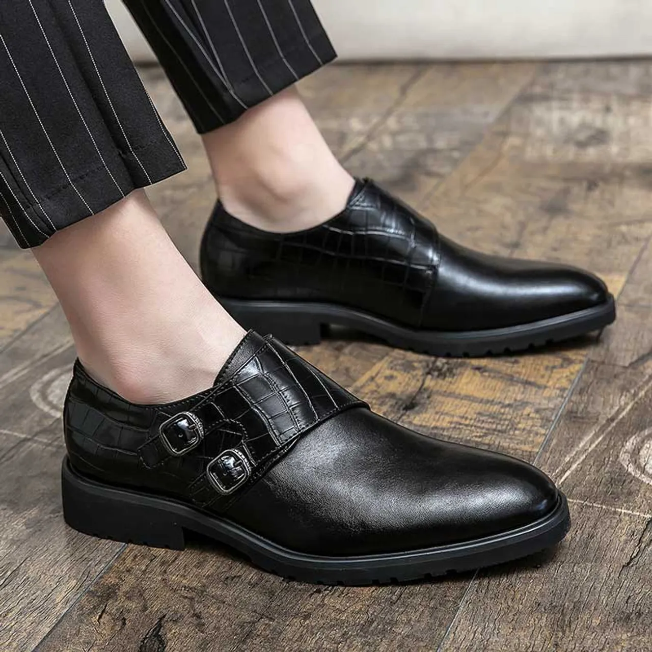 Black monk strap croc skin pattern slip on dress shoe