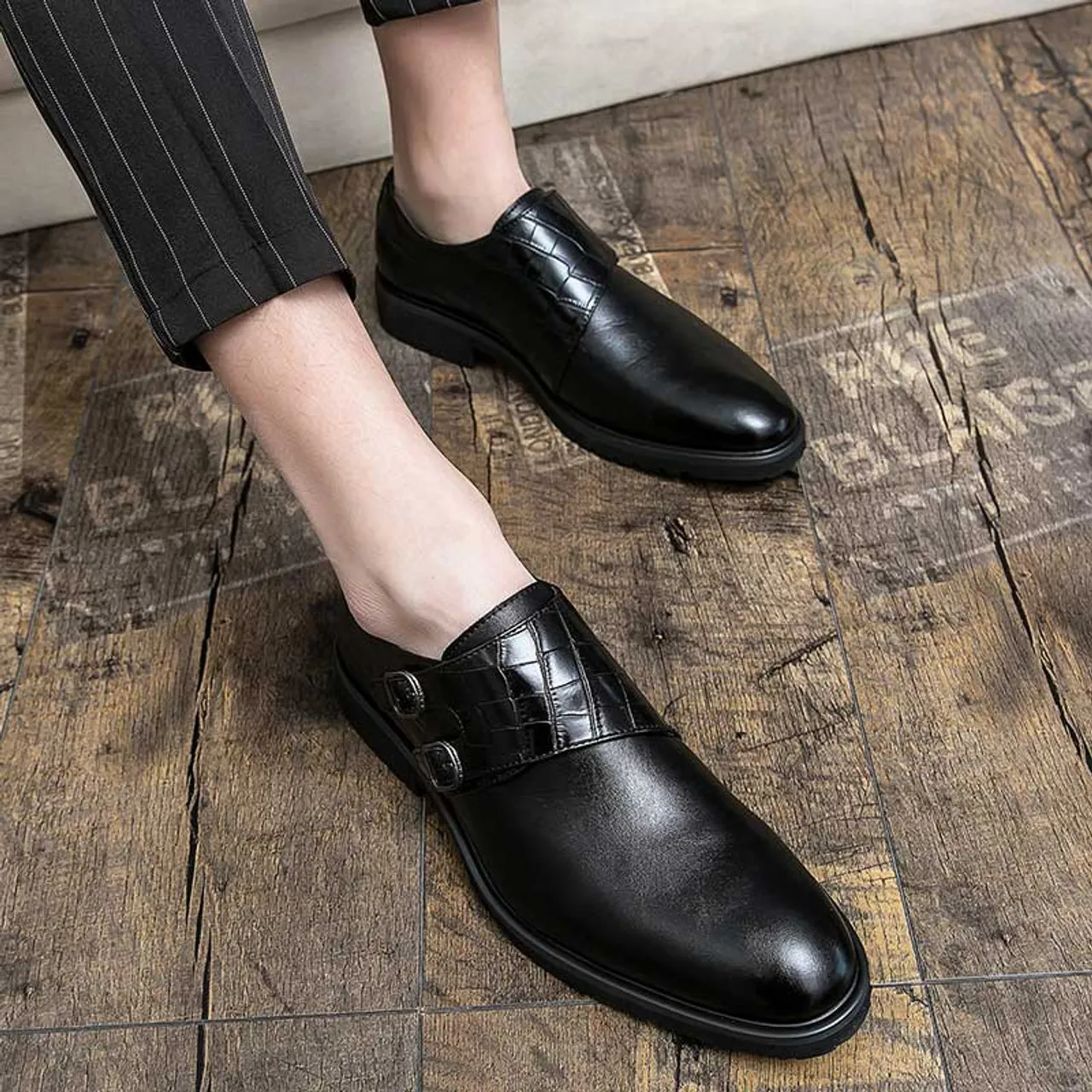 Black monk strap croc skin pattern slip on dress shoe