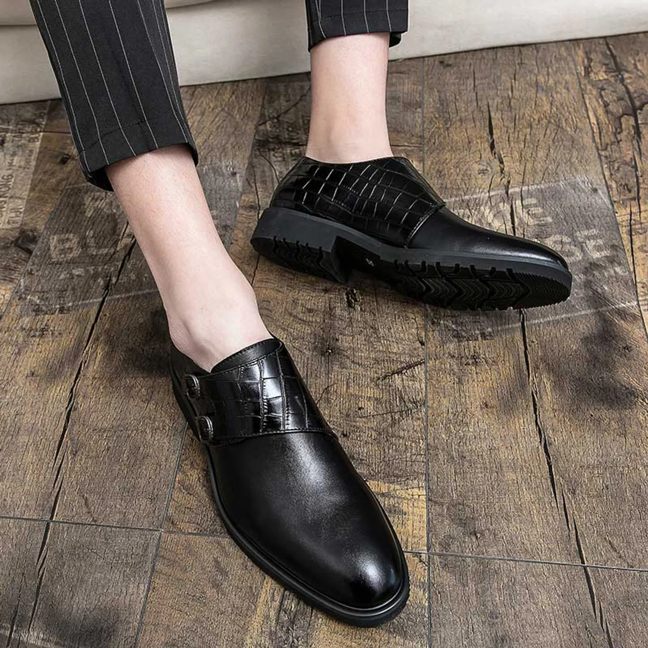 Black monk strap croc skin pattern slip on dress shoe