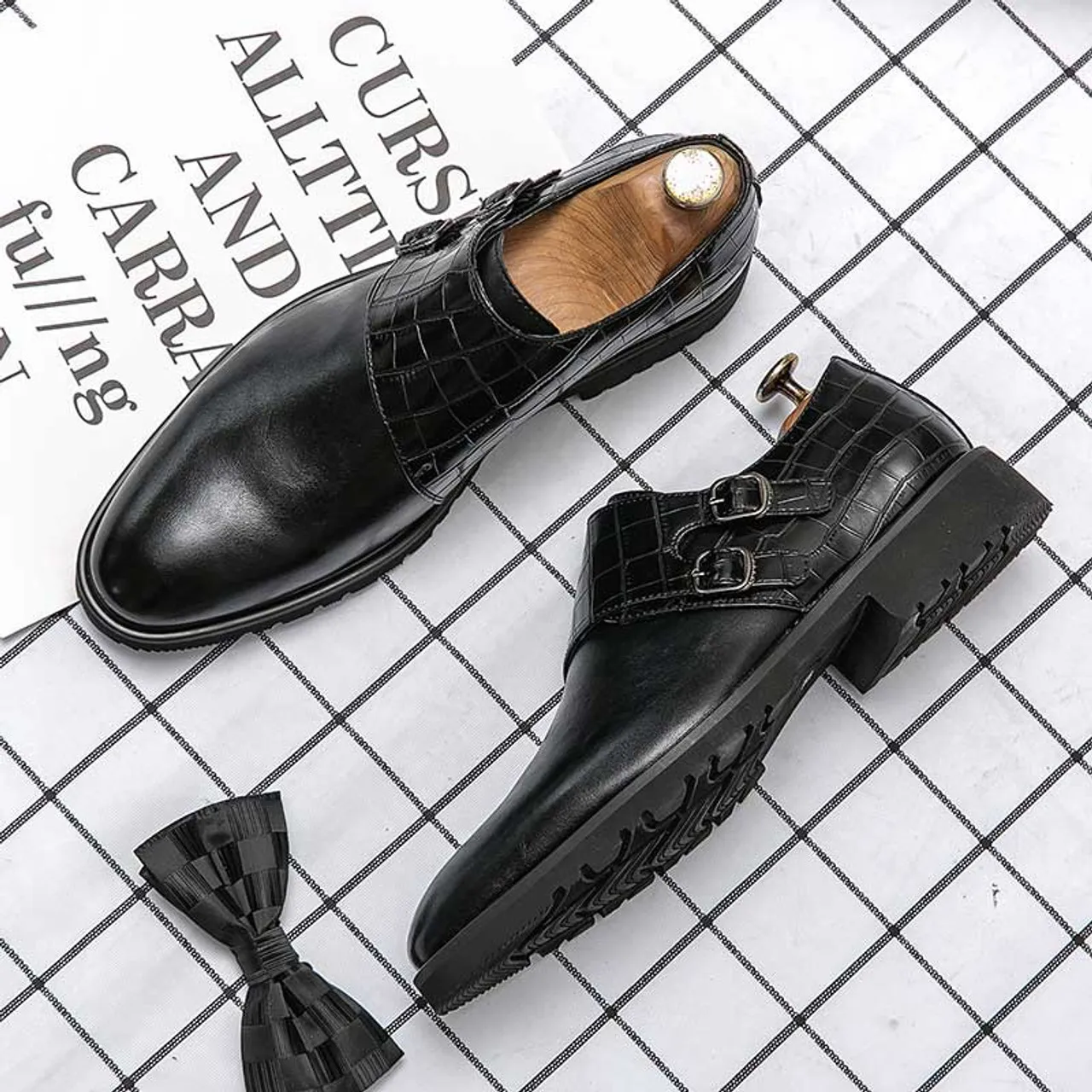 Black monk strap croc skin pattern slip on dress shoe