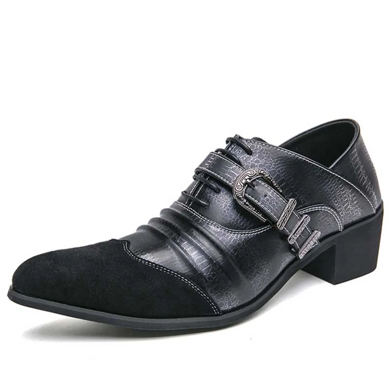 Black pattern & stripe buckle strap oxford dress shoe