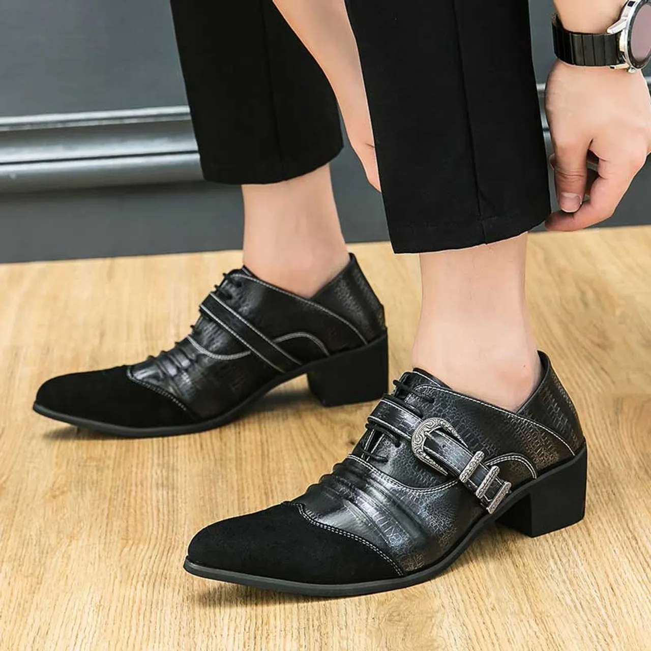 Black pattern & stripe buckle strap oxford dress shoe