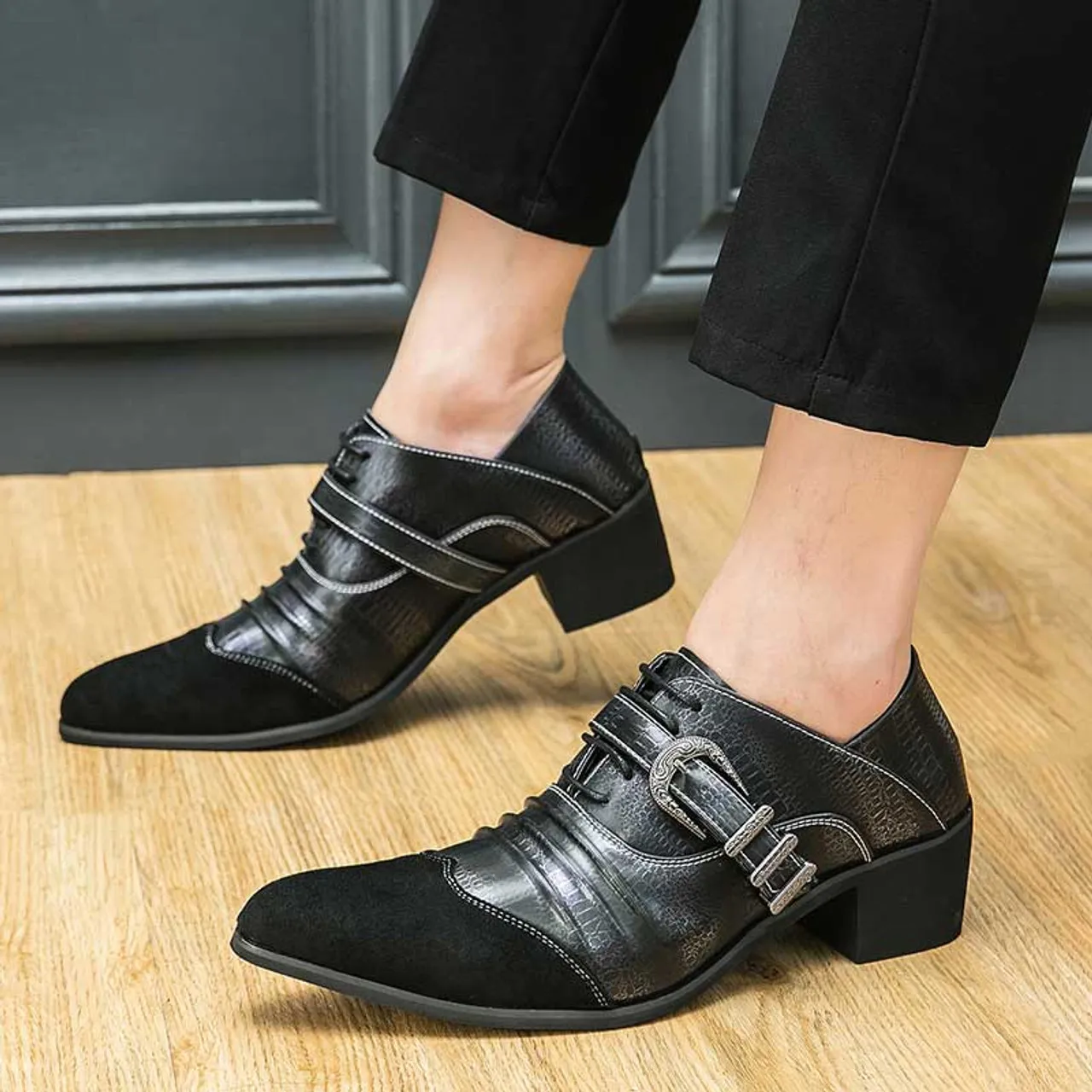 Black pattern & stripe buckle strap oxford dress shoe