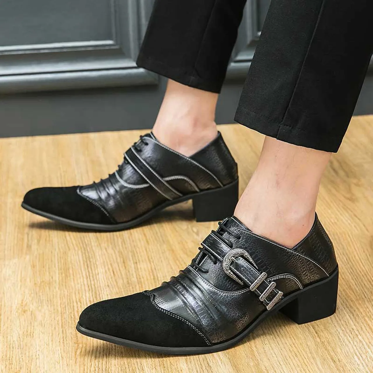 Black pattern & stripe buckle strap oxford dress shoe