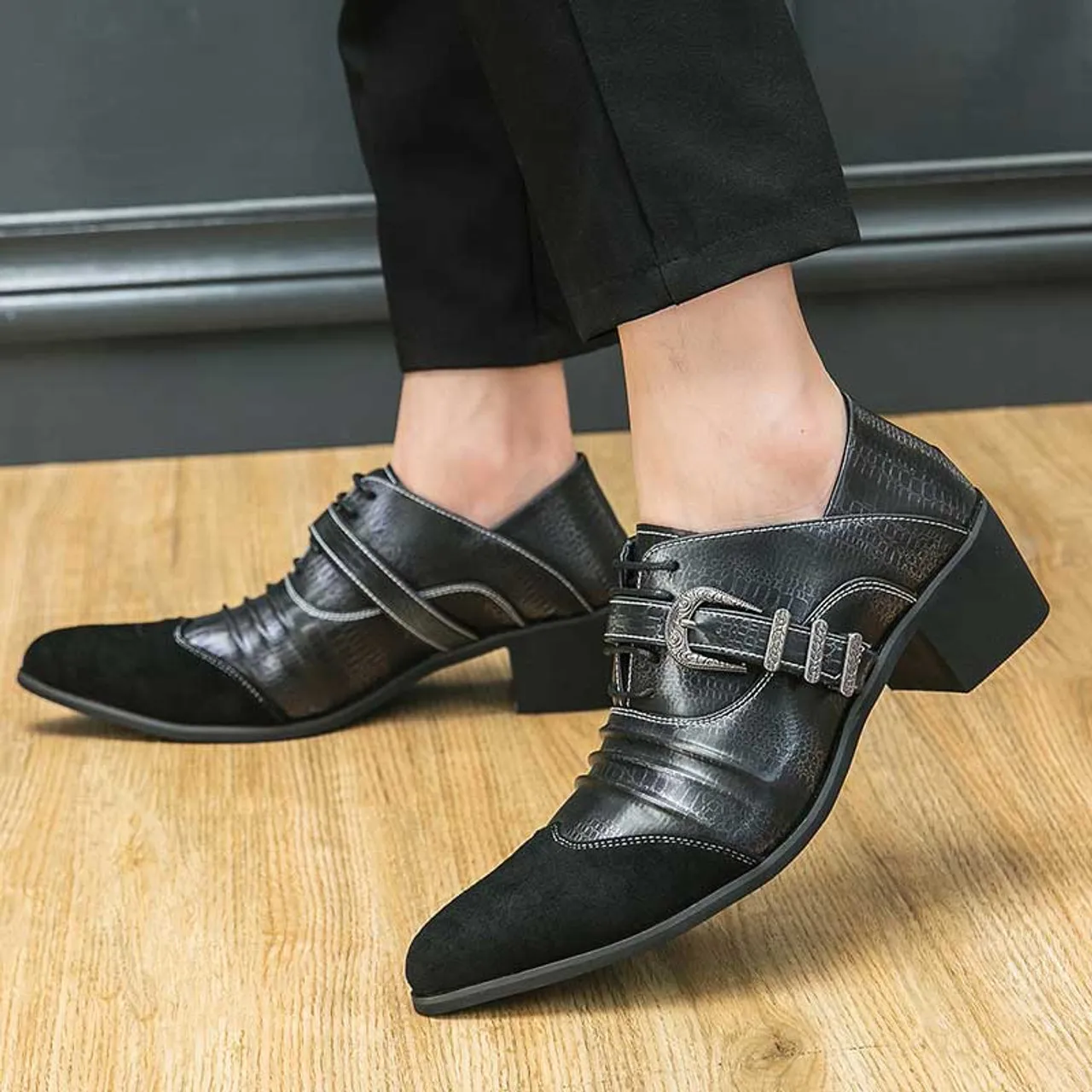 Black pattern & stripe buckle strap oxford dress shoe