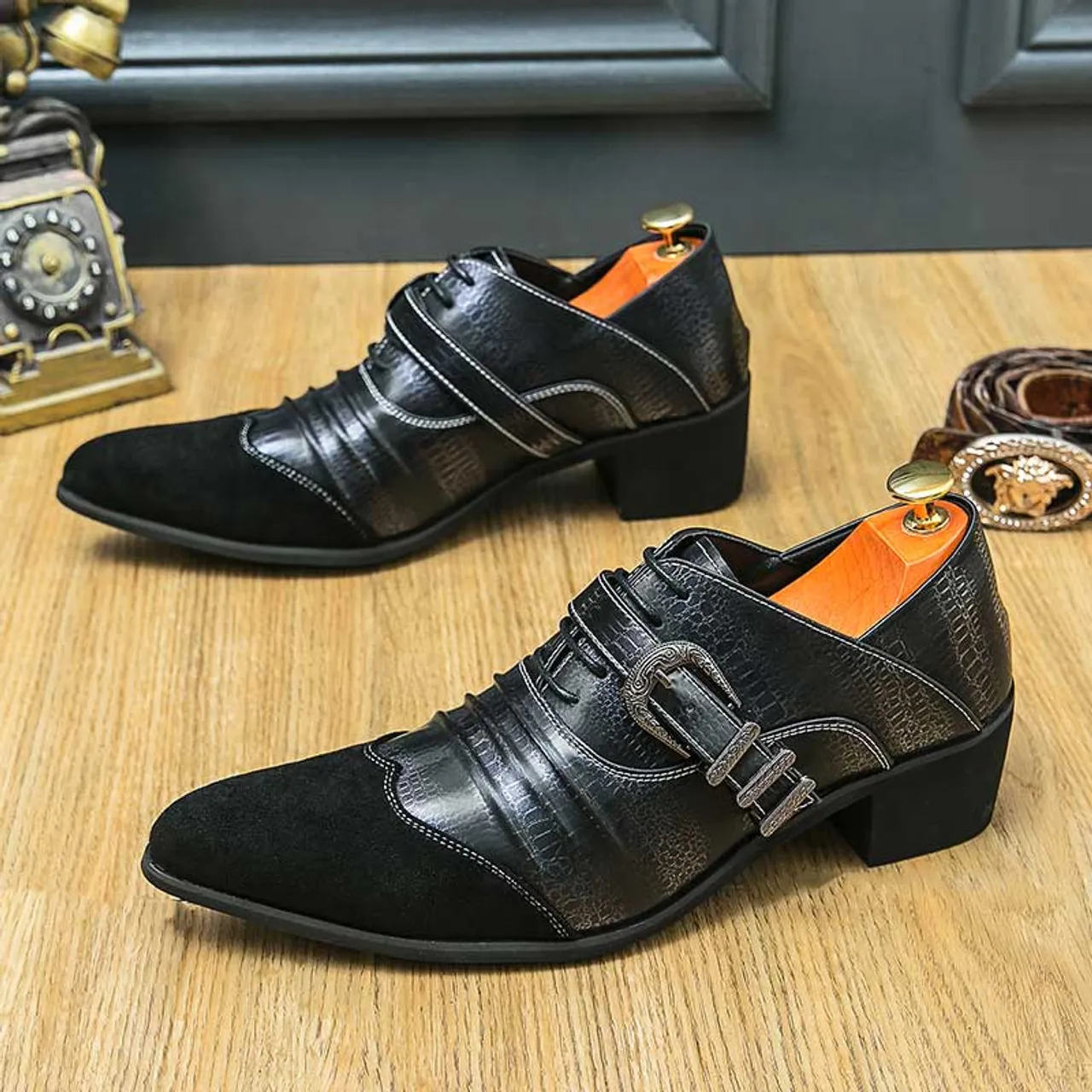 Black pattern & stripe buckle strap oxford dress shoe