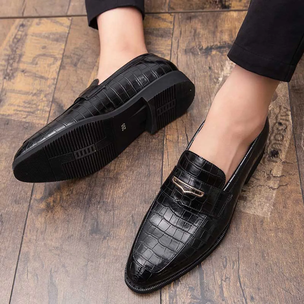 Black retro croc skin pattern penny slip on dress shoe 2682