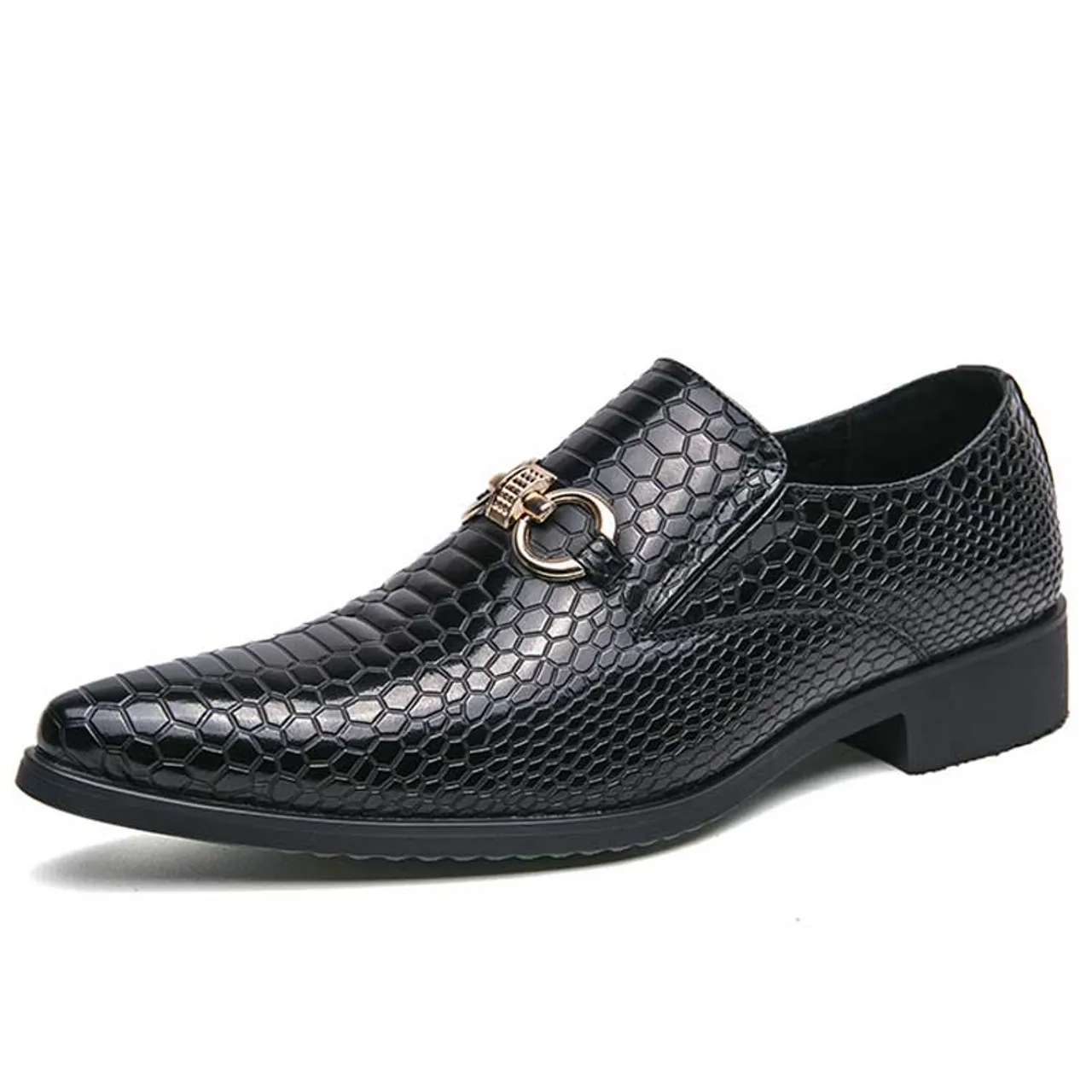 Black snake skin pattern metal buckle slip on dress shoe