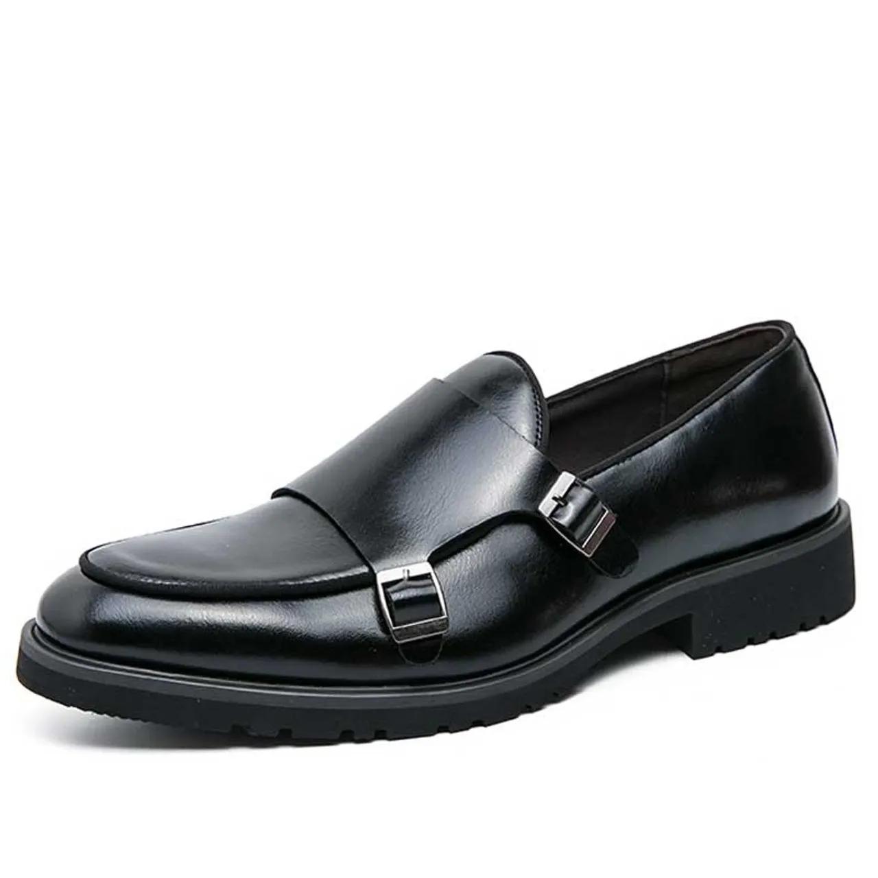 Black urban monk strap slip on dress shoe