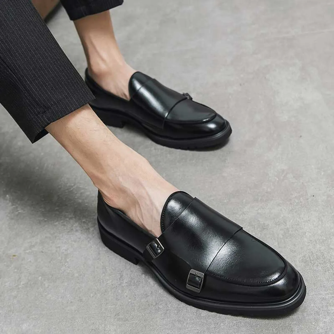 Black urban monk strap slip on dress shoe