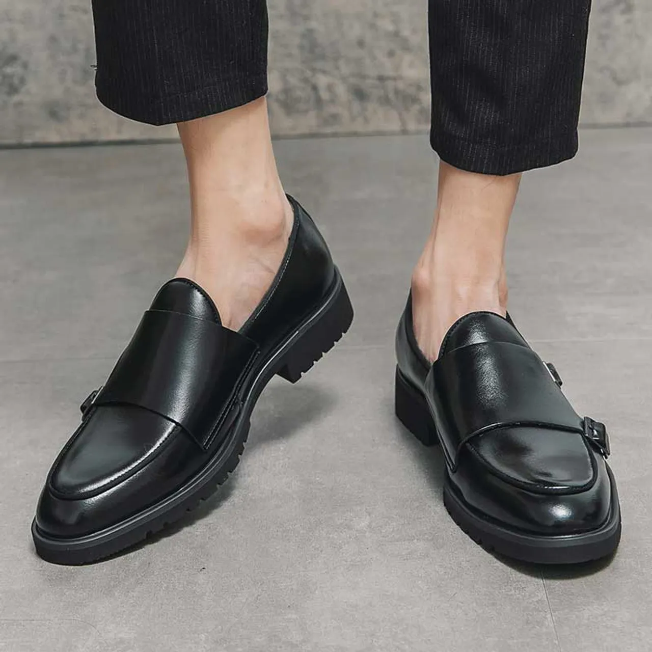 Black urban monk strap slip on dress shoe