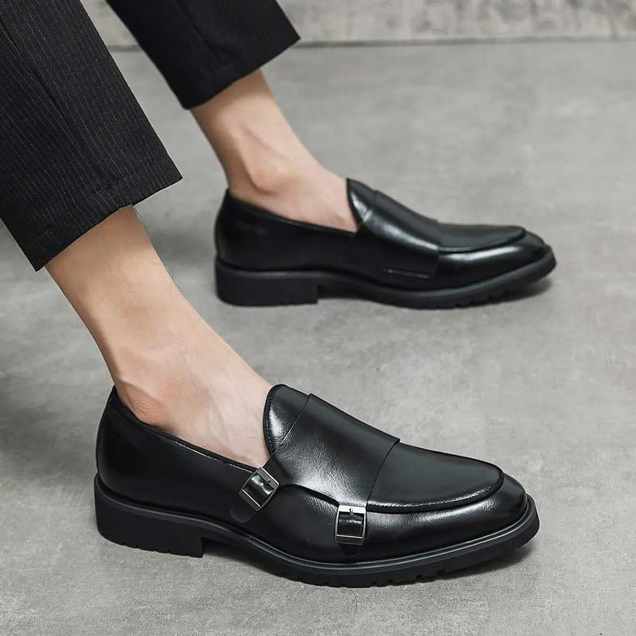 Black urban monk strap slip on dress shoe