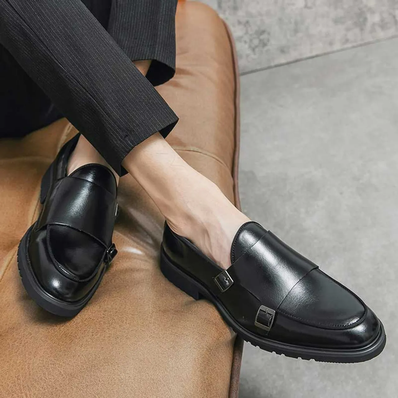 Black urban monk strap slip on dress shoe