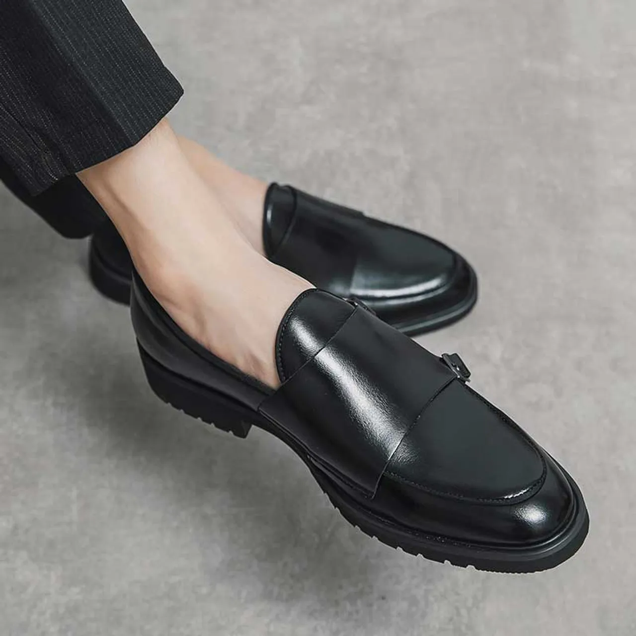 Black urban monk strap slip on dress shoe