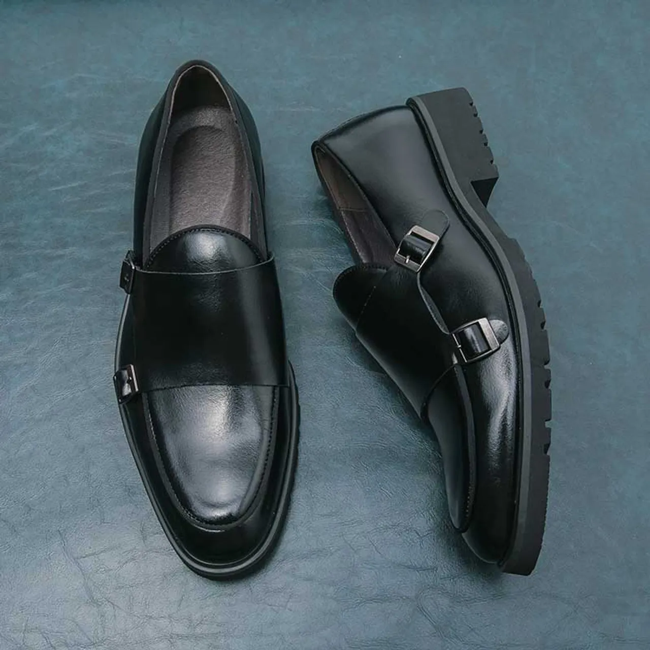 Black urban monk strap slip on dress shoe