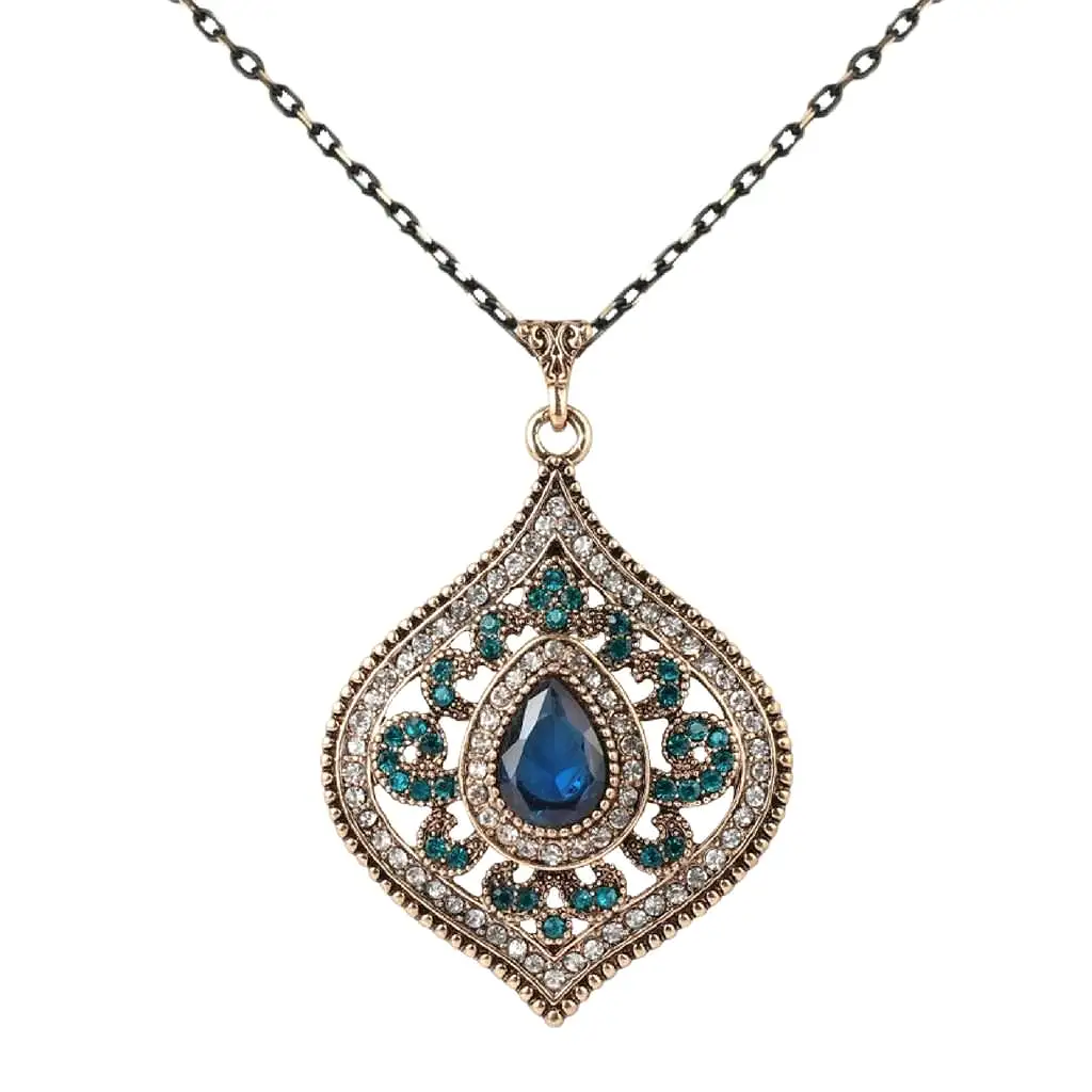 Blue Crystal Antique Gold Pendant Necklace