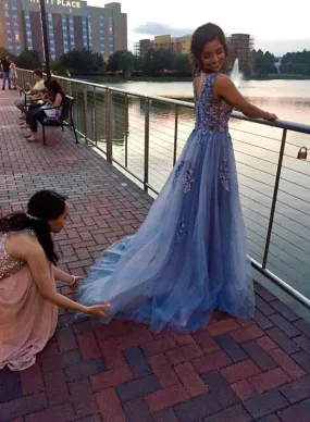 Blue-Grey Tulle with Flowers Long Party Gowns, Formal Dresses, A-line Prom Gowns