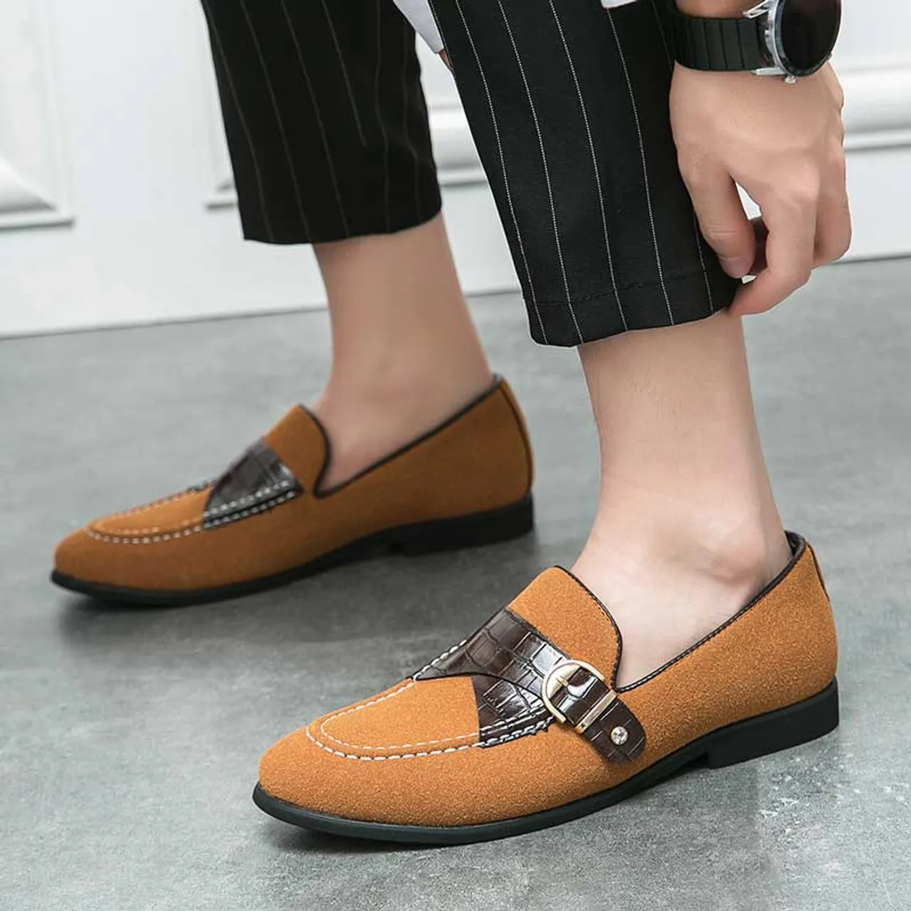 Brown croc skin pattern monk strap slip on dress shoe 2673