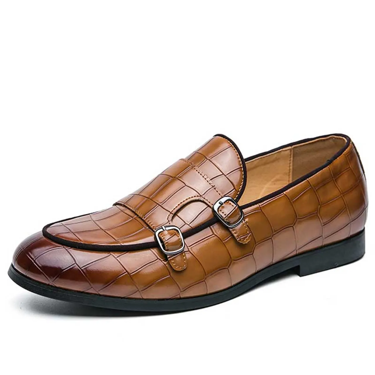 Brown croc skin pattern monk strap slip on dress shoe 2696