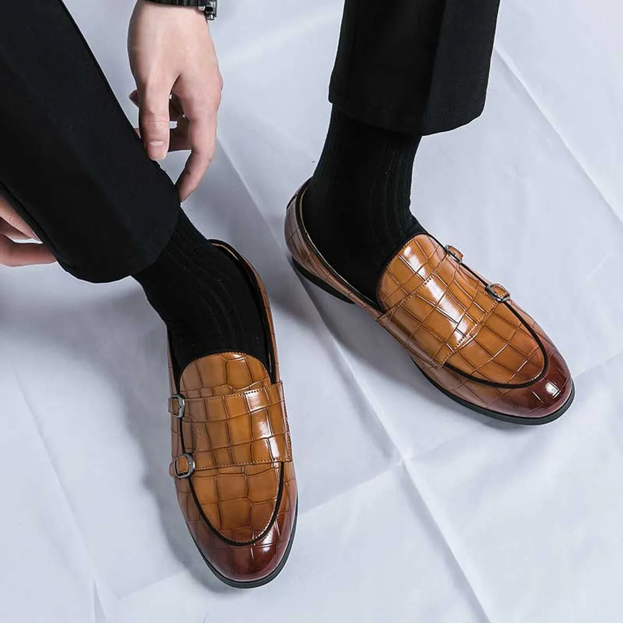 Brown croc skin pattern monk strap slip on dress shoe 2696