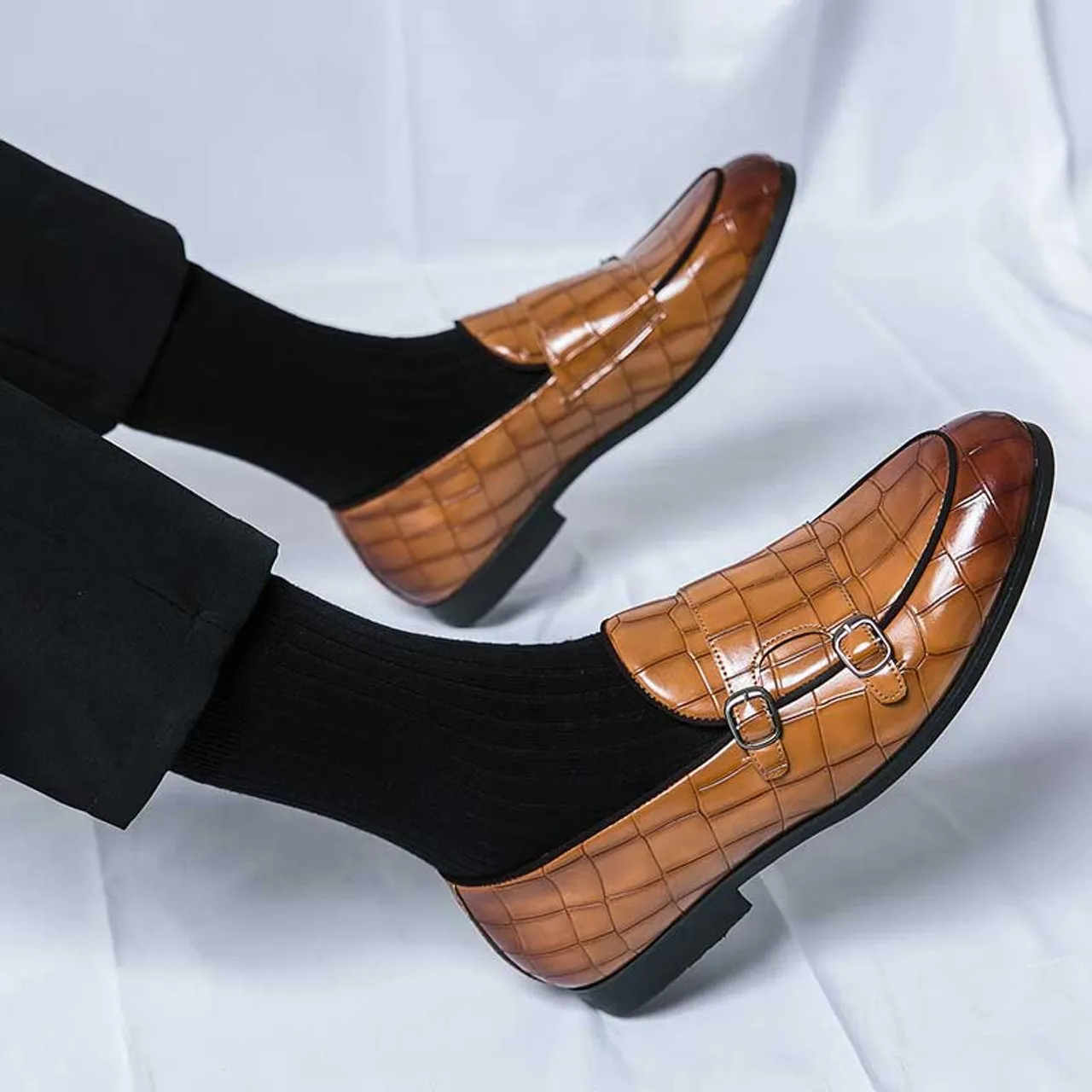 Brown croc skin pattern monk strap slip on dress shoe 2696