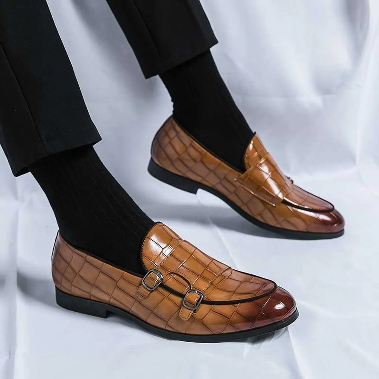 Brown croc skin pattern monk strap slip on dress shoe 2696