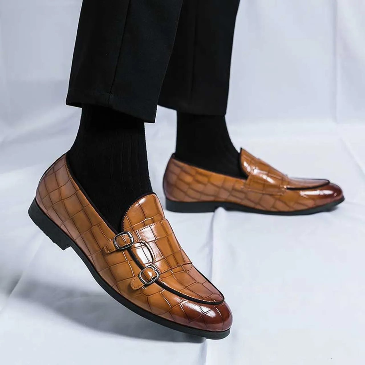 Brown croc skin pattern monk strap slip on dress shoe 2696